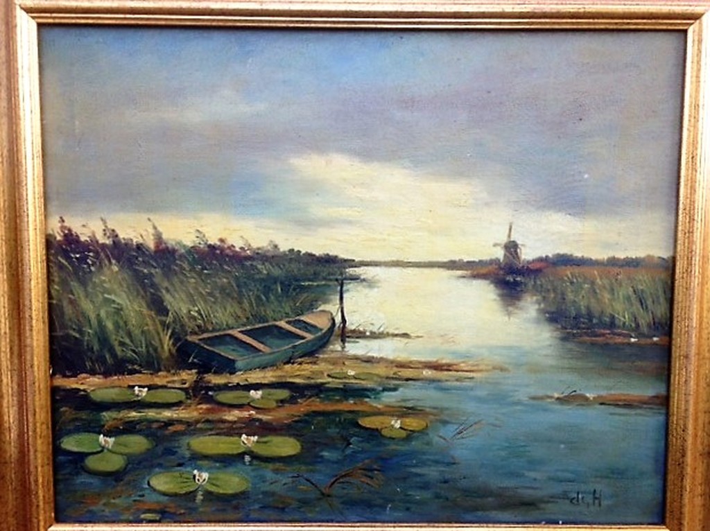 Onbekende kunstenaar (monogram De H.), olieverf op doek, Waterlandschap kopen? Bied vanaf 50!
