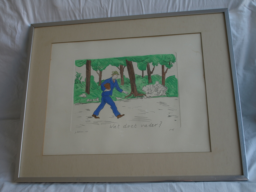 Pieter Holstein : Ingekleurde ets – Wat doet vader? – ingelijst – ca 1975 kopen? Bied vanaf 1!