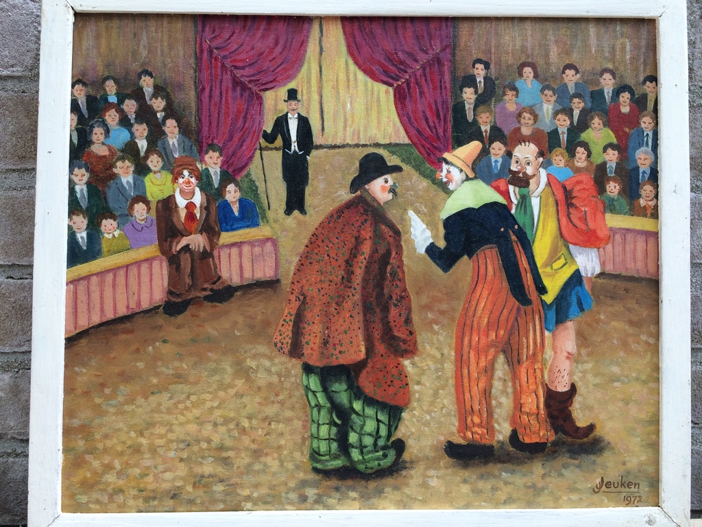 Johan Jeuken, Schilderij, 4 circusclowns in Circus Amanda Roberti verkocht voor € 300!