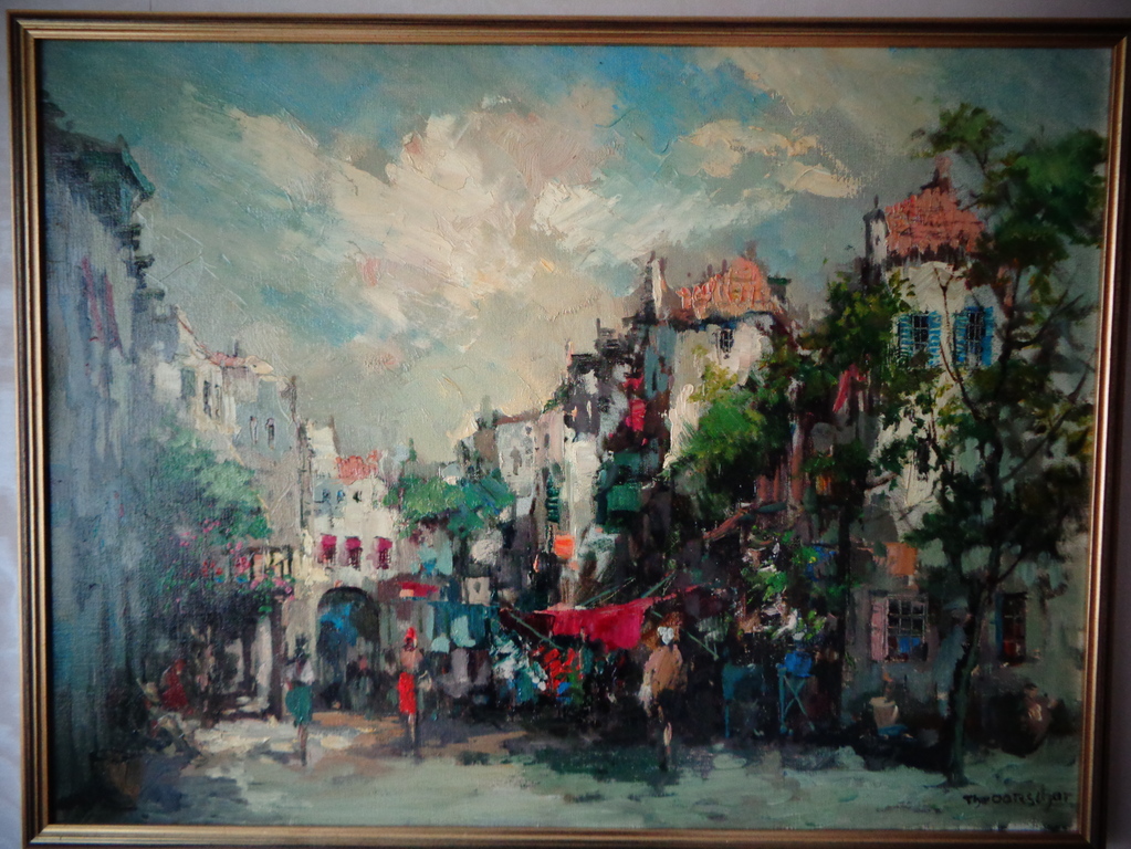 Theo van Oorschot: Mediterraan stadsgezicht, ± 1975.  verkocht voor € 100!