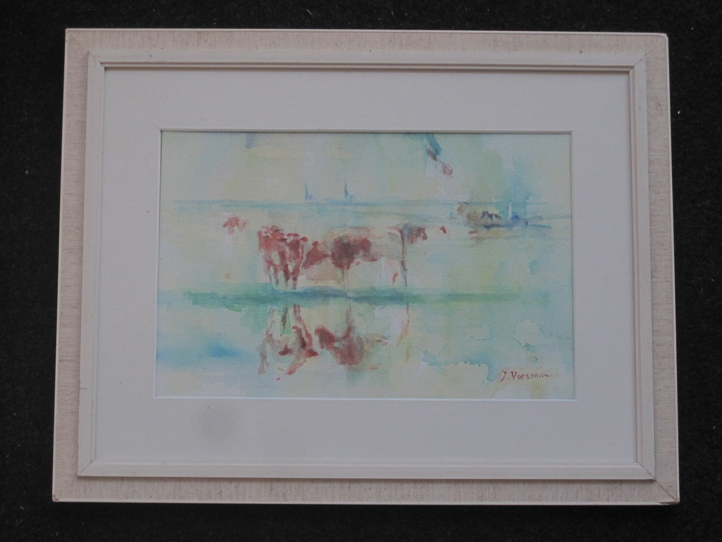 gesigneerd J. Voerman oude aquarel "Koeien langs slootkant"  verkocht voor € 46!