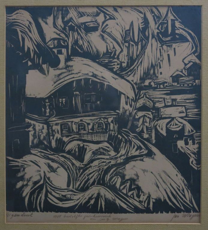 Jan Wiegers: Houtsnede, met hartelijke.. - Ingelijst verkocht voor € 70!