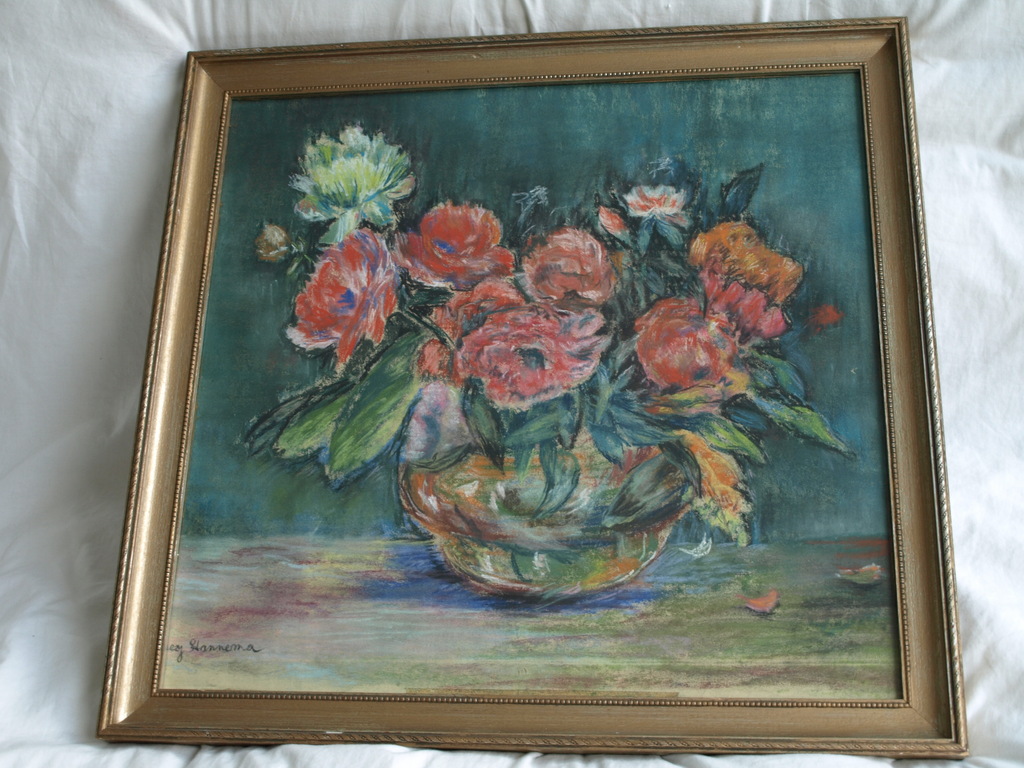 Onduidelijke signatuur : Pasteltekening , Bloemstilleven – ingelijst  kopen? Bied vanaf 1!