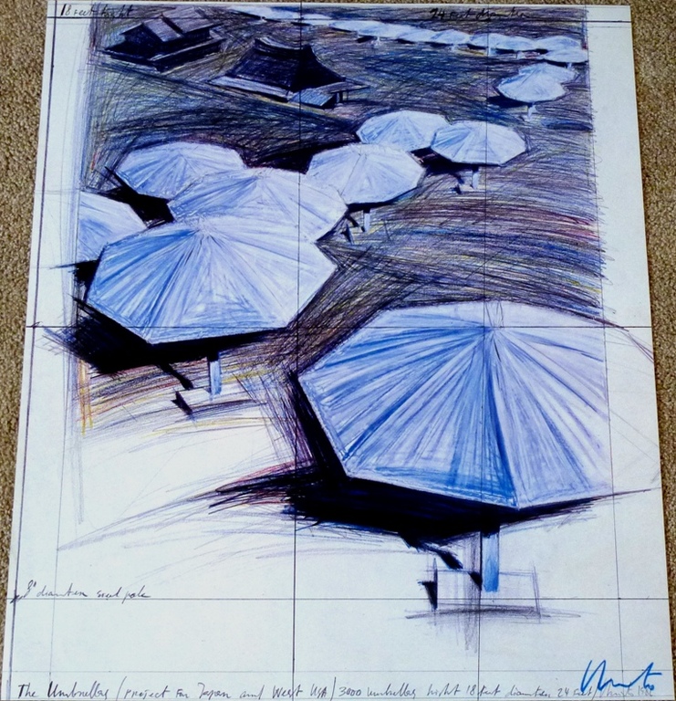Christo, offsetlitho: The Umbrella's, 1986 (Japan-U.S.A), handgesigneerd verkocht voor € 160!