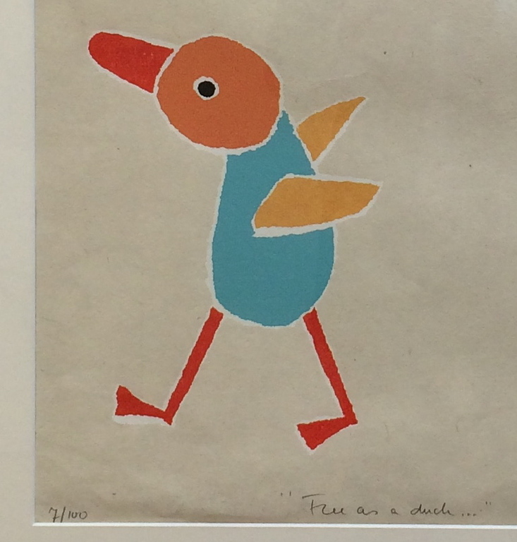 Hans Innemée, zeefdruk met lijst, titel " free as a duck " kopen? Bied vanaf 50!