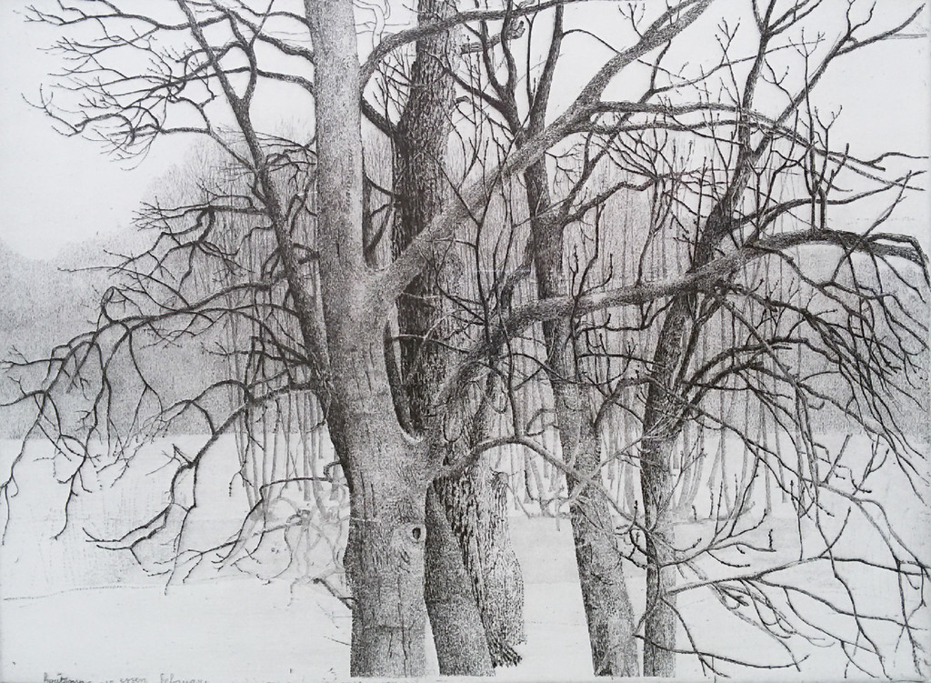 Charles Donker - Vier essen, Rhijnauwen, ets (ingelijst) verkocht voor € 225!