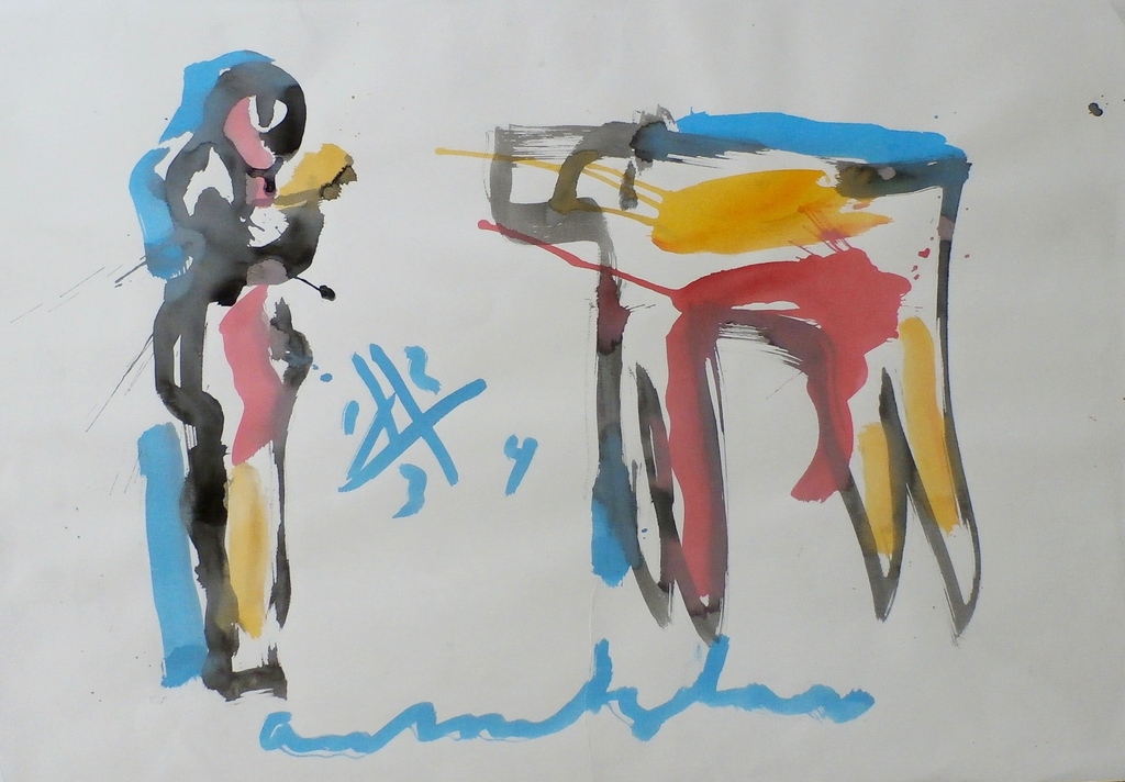 Anton Heyboer - aquarel: mens en oerdier/systeem verkocht voor € 200!