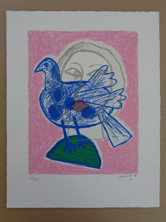 CORNEILLE / BLAUWE VOGEL & VROUW / KLEURLITHO / 47x37cm / SIG / 1994 kopen? Bied vanaf 1!