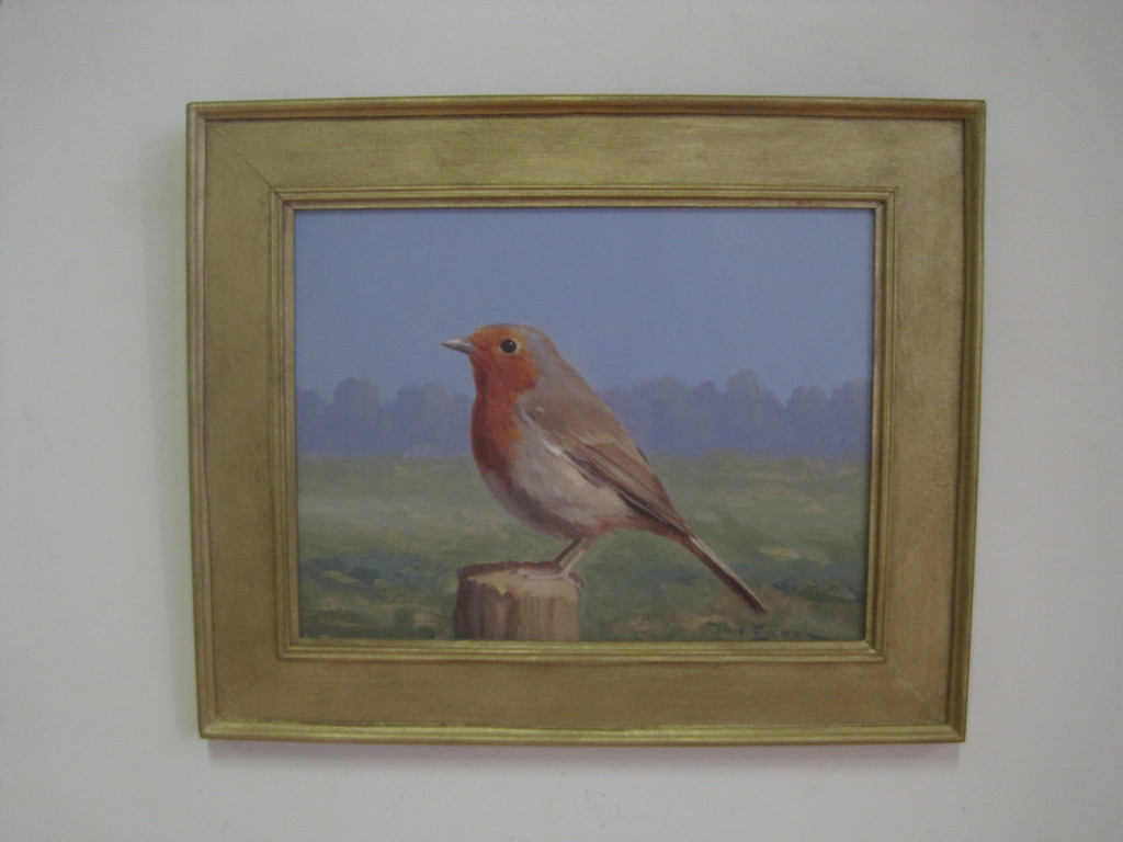 Jan Engel - olieverf - "Roodborstje" - verstild realisme gesigneerd verkocht voor € 160!