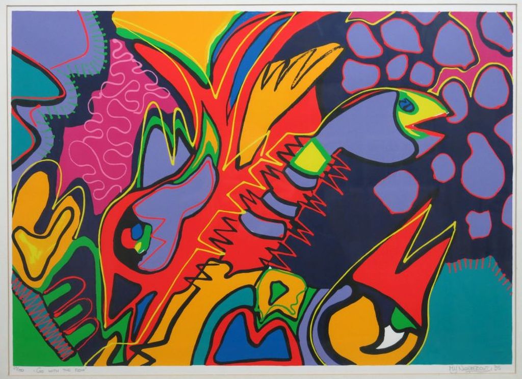 Marianne Naerebout: Zeefdruk, Go with the flow - Ingelijst verkocht voor € 85!