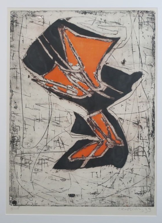 Cees Kortlang: Ets, Compositie in oranje - Ingelijst kopen? Bied vanaf 50!