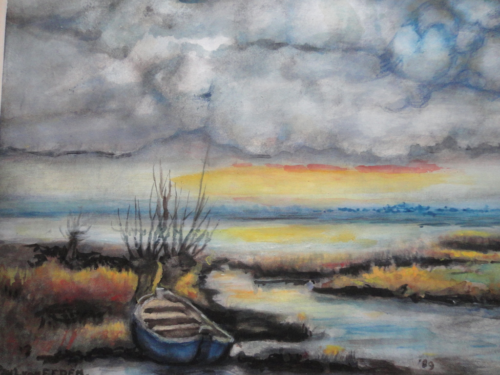 Paul van Eeden, aquarel, polderlandschap roeiboot verkocht voor € 85!