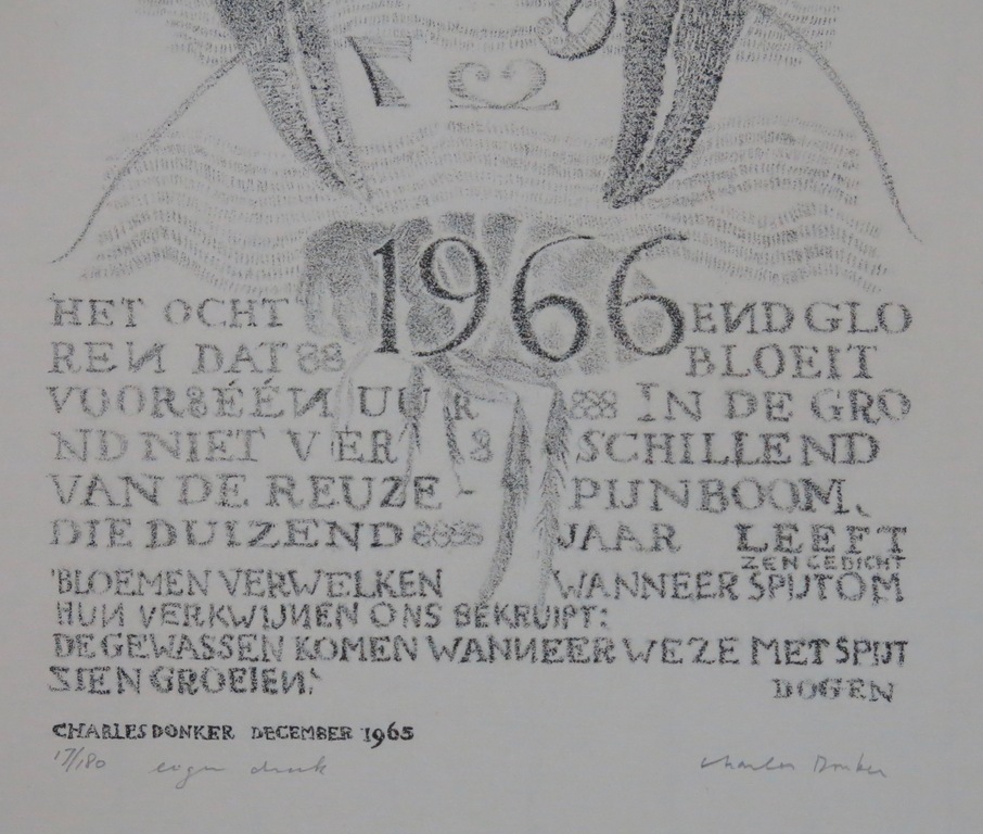 Charles Donker: Litho, Compositie met tekst en kreeft / nieuwjaarswens voor 1966 kopen? Bied vanaf 25!