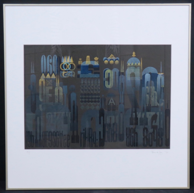 Frans de Jong: Stempeldruk, Compositie met cijfers en letters - Ingelijst verkocht voor € 75!