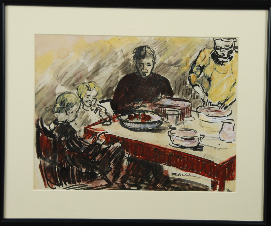 WOLVENS HENRI AQUAREL "FAMILIE ETEND AAN TAFEL" verkocht voor € 225!