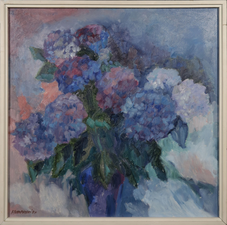 Henk Potters: Olieverf op doek, Hortensia - Ingelijst verkocht voor € 190!