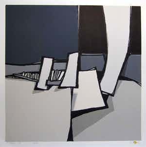 Fon Klement - Fon Klement, boardsneden uit 1975 beeldformaat 90 x 90 cm. titel: Abandon verkocht voor € 150!