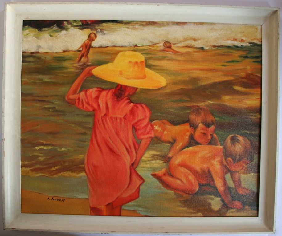 A. Sorrallos, olieverf marouflé, strandtafereel kopen? Bied vanaf 50!