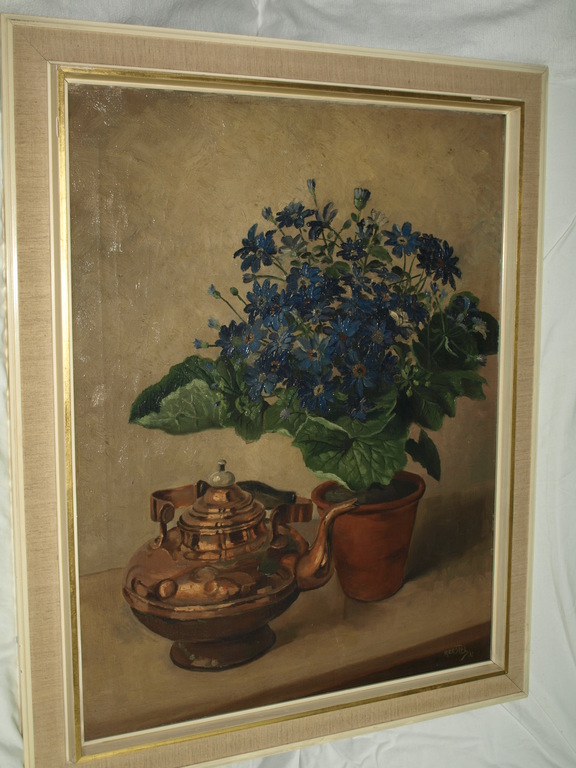 Kees Pel : Olieverf – Stilleven plant en koffiepot – Gesigneerd & ingelijst-1932 kopen? Bied vanaf 1!