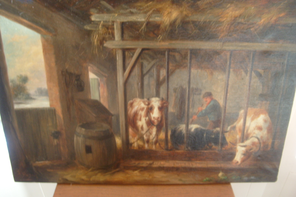 J.C.T. Dubois, olieverf op linnen, koeien op stal  verkocht voor € 200!