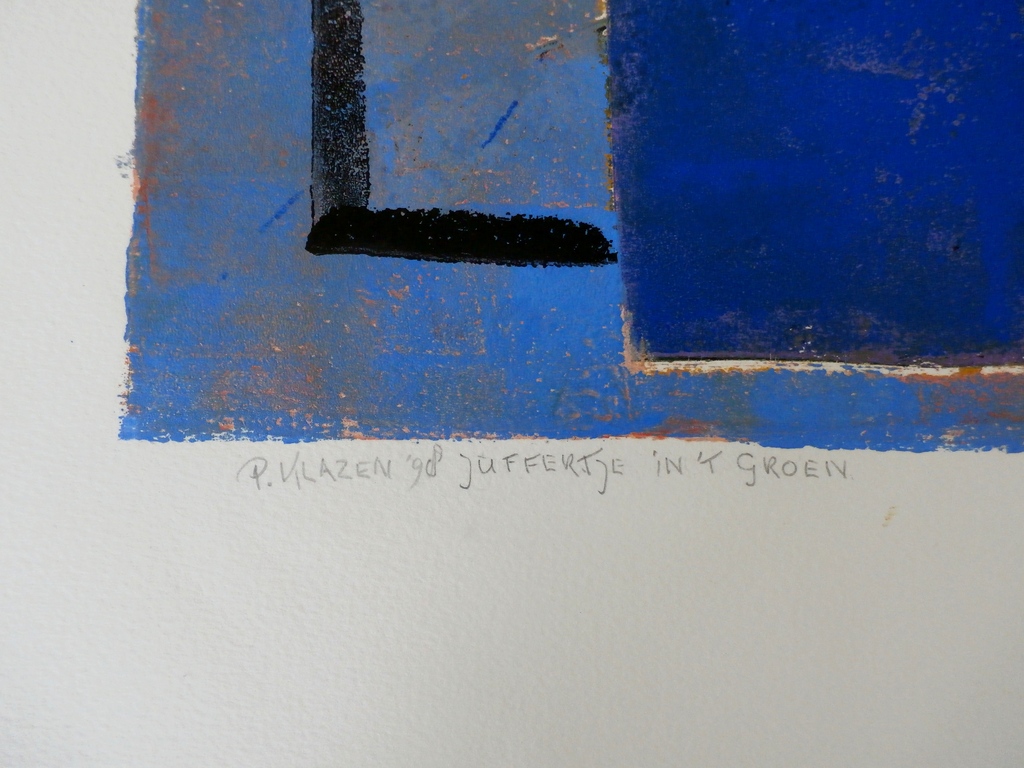 Pieter Klazen - grote acryl op papier: Juffertje in 't groen - 1998 kopen? Bied vanaf 125!