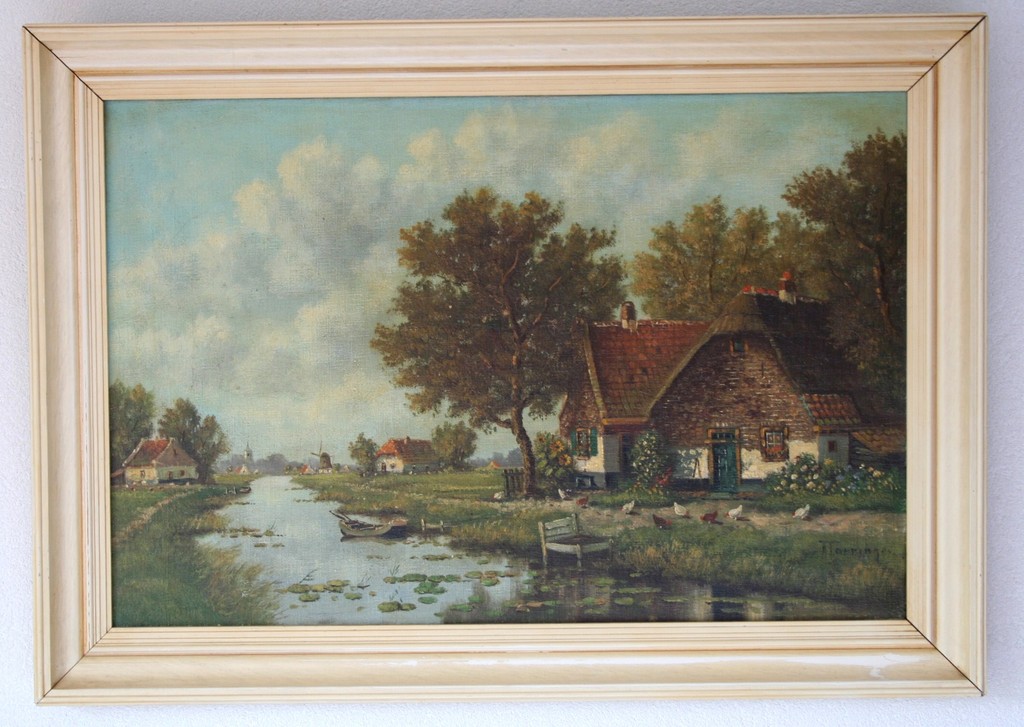 Buy A. Torringa - olieverf op doek - poldertafereel met huizen langs het water? Bid from 110!