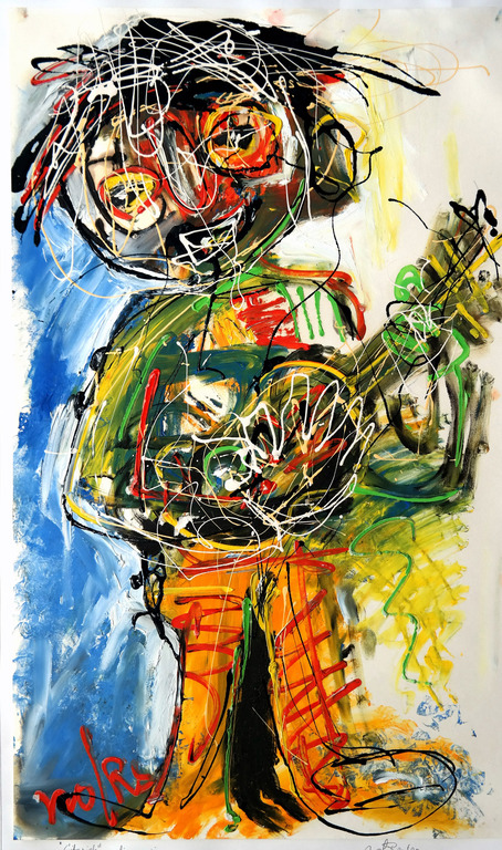 Nol Reuser: Gitarist, gemengde techniek op papier, origineel werk. verkocht voor € 115!