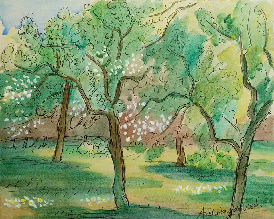 Andre van der Vossen - Boomgaard, tekening / aquarel verkocht voor € 125!