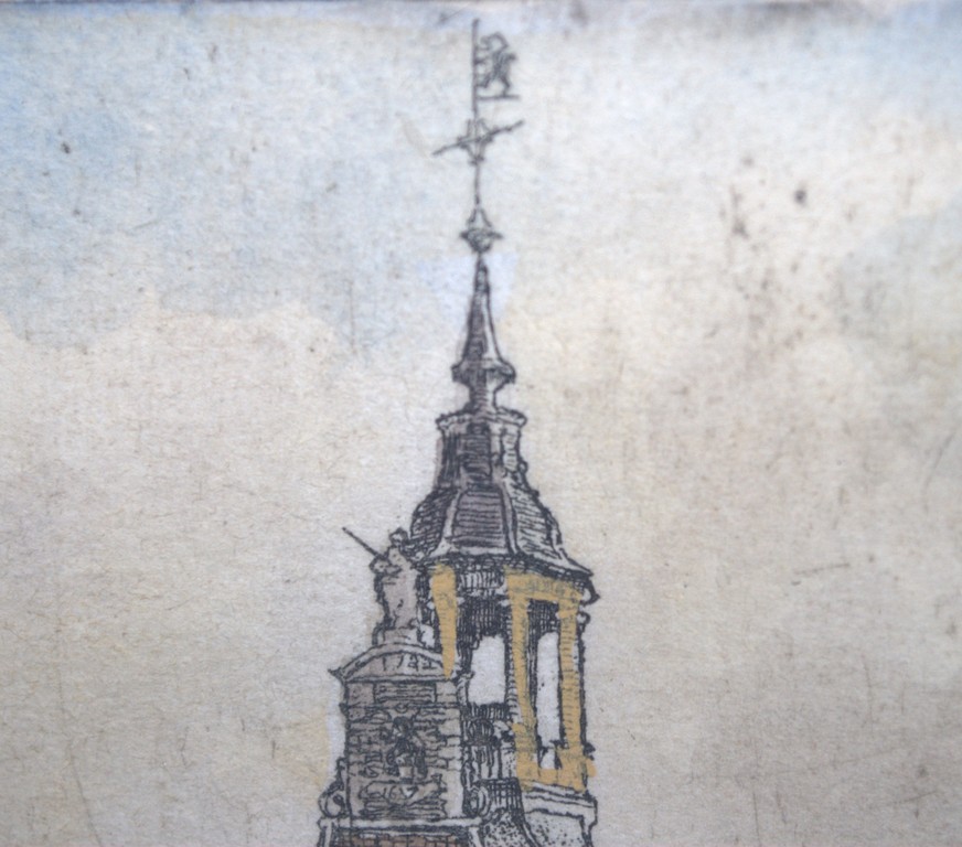 Schiedam, het stadhuis, handgekleurde gesigneerde ets kopen? Bied vanaf 10!