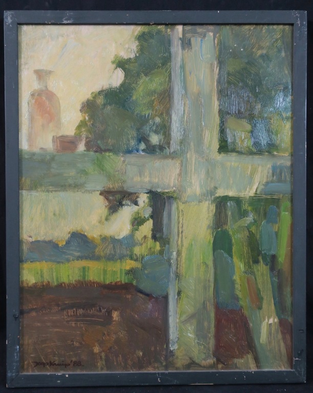 Joop Kruip: Olieverf op board, Raamdoorkijk - Ingelijst kopen? Bied vanaf 40!