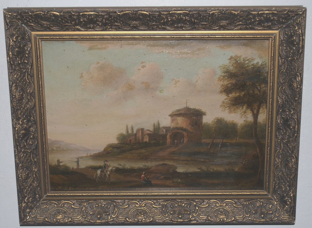 19e eeuws paneel waterlandschap met ruiter en vissers/olieverf/ingelijst kopen? Bied vanaf 75!