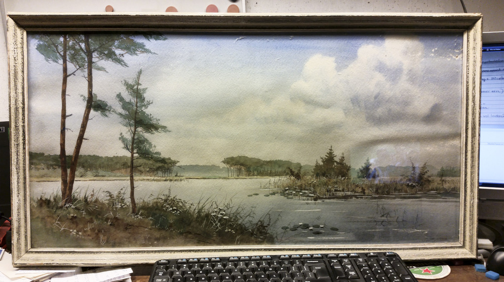 Piet Zonneveld, aquarel, meer met naaldbomen en waterlelies kopen? Bied vanaf 30!