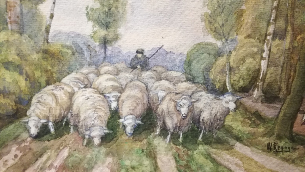 Onbekende kunstenaar, Aquarel, Herder en schapen,  onleesbaar gesigneerd kopen? Bied vanaf 1!