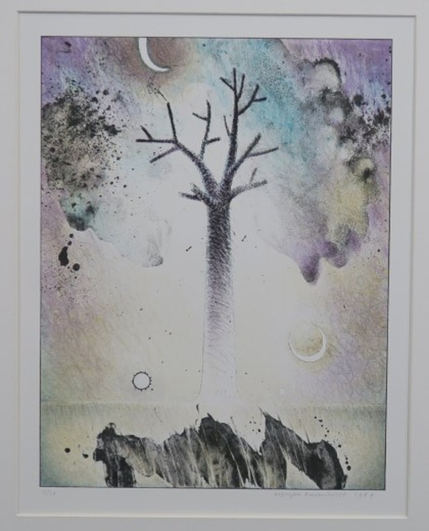 Jurjen Ravenhorst: Litho, Boom blauw paarse lucht - Ingelijst verkocht voor € 40!