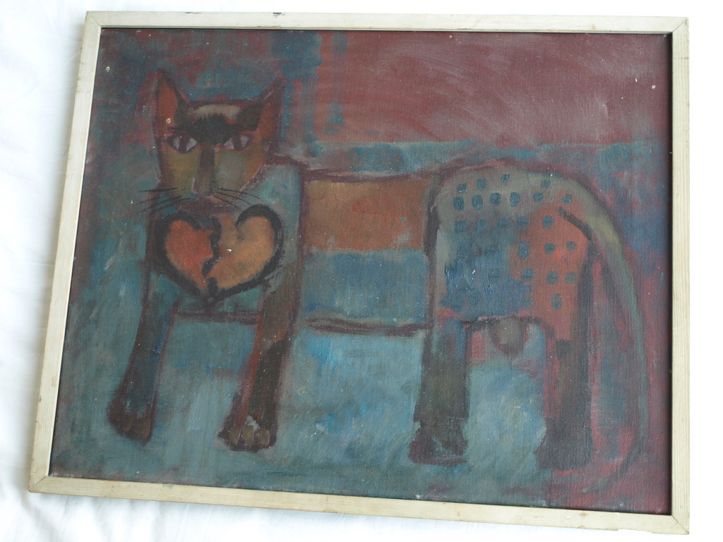 Onbekend : Olieverf op doek, Kat met een gebroken Hart – ingelijst - Oud kopen? Bied vanaf 1!