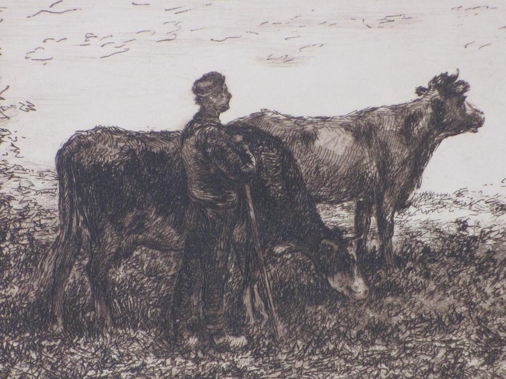 Jan Vrolijk, Boer met koeien achter de duinen, Ets kopen? Bied vanaf 25!