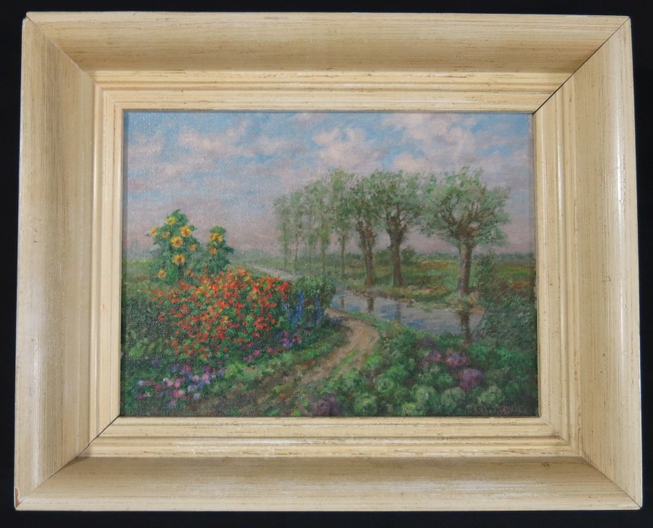 Huibert Antoine Ravenswaay: Olieverf op doek, Bomen en tuin bij vaart -Ingelijst verkocht voor € 47!
