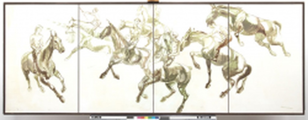 Helene E. Zielstra (1941) , olieverf op vier panelen ! 337 cm !, Ruiters kopen? Bied vanaf 185!