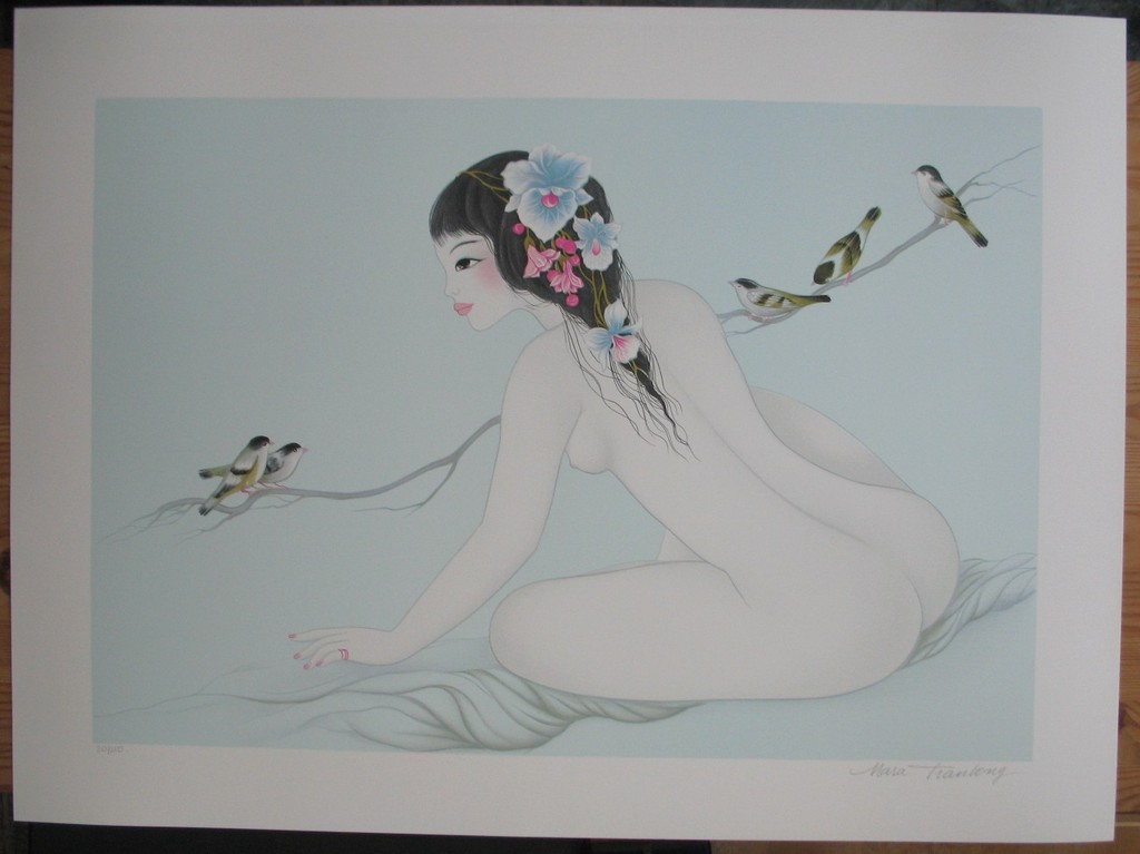Mara Tran-Long, kleurenlithografie, Les moineaux kopen? Bied vanaf 1!