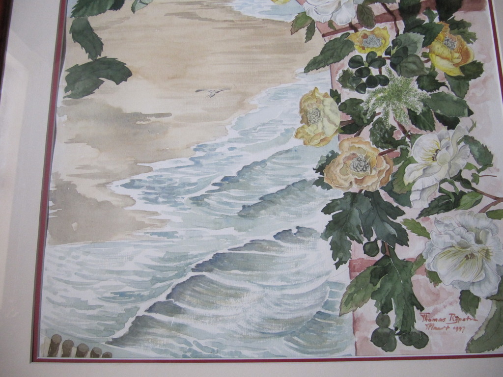 Mooie Aquarel van zeegezicht met op voorgrond rozenstruiken. kopen? Bied vanaf 30!