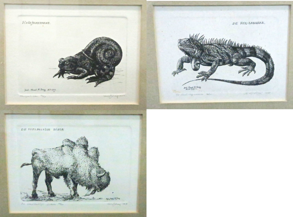 Lot met drie ingelijste etsen van Karel Sirag verkocht voor € 35!
