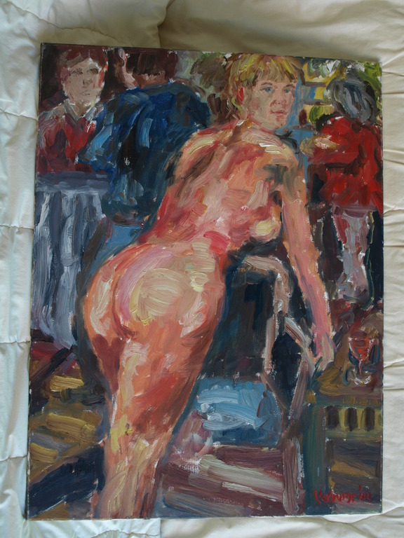 Gesigneerd: Verburgt : Olieverf op doek , NAAKT OP HET TERRAS – 2000 kopen? Bied vanaf 1!