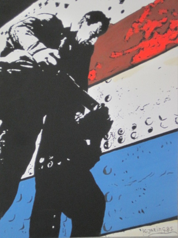 Cor Jaring (1936-2013) Amsterdam "havenarbeider" gem.techniek gesigneerd 1985 verkocht voor € 35!