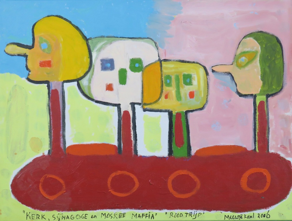 Meertje Kaal: Acryl op doek, Kerk, Synagoge en moskee maffia - Ingelijst kopen? Bied vanaf 1!