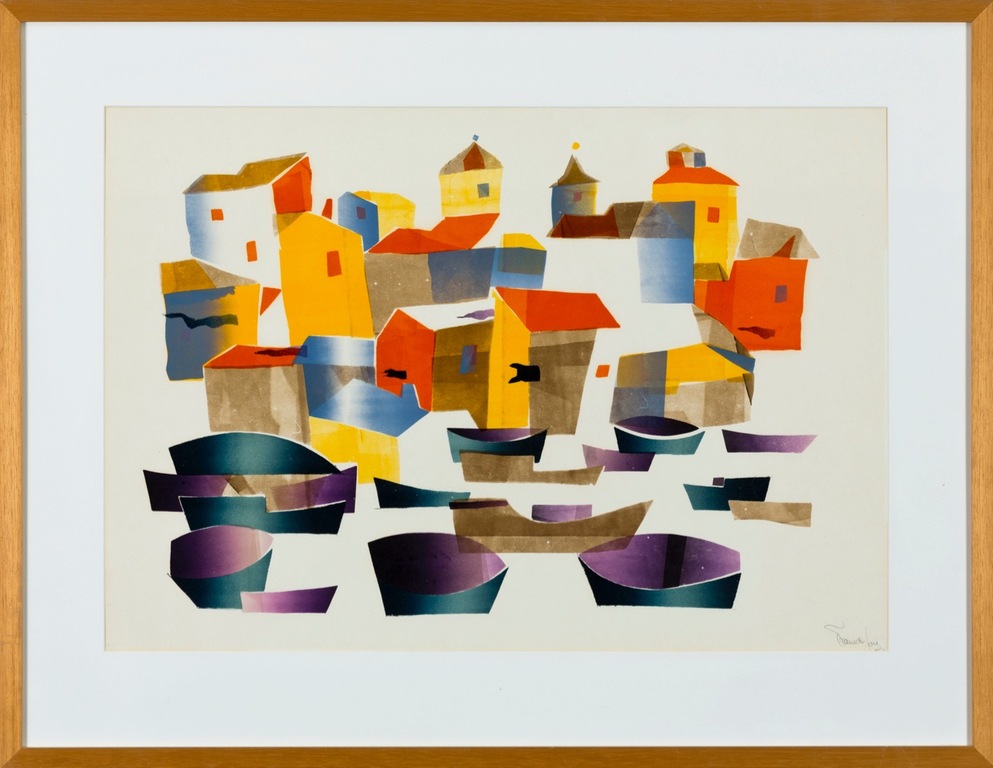 Frans de Jong: Sjabloondruk, Frans haventje - Ingelijst verkocht voor € 82!