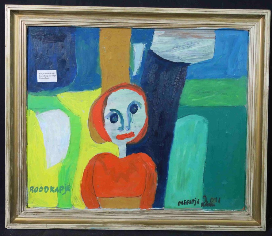 Meertje Kaal: Olieverf en Acryl op board, Roodkapje - Ingelijst verkocht voor € 70!