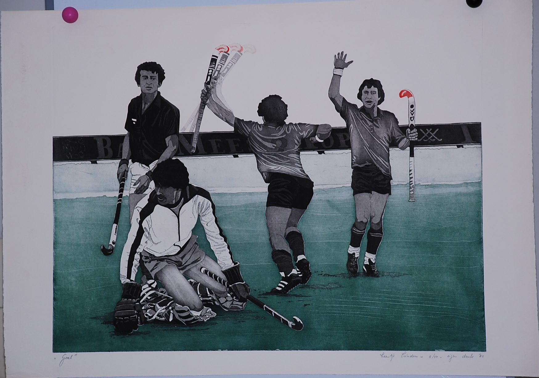 Leentje Linders: Grote Kleurenets/Aquatint. Hockey Goal verkocht voor € 50!