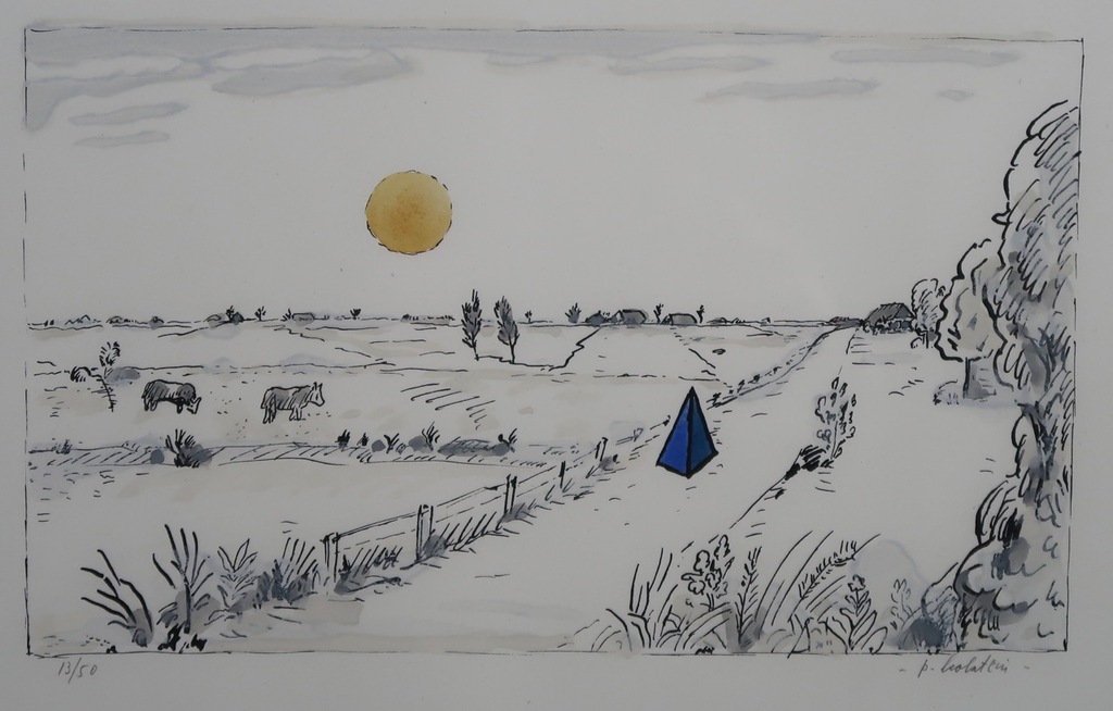Pieter Holstein: Handgekleurde Litho, Landschap met blauwe piramide - Ingelijst verkocht voor € 40!