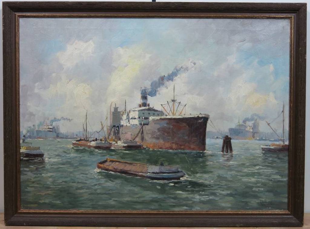 A. Hofland: Olieverf op doek, Havengezicht - Ingelijst kopen? Bied vanaf 70!