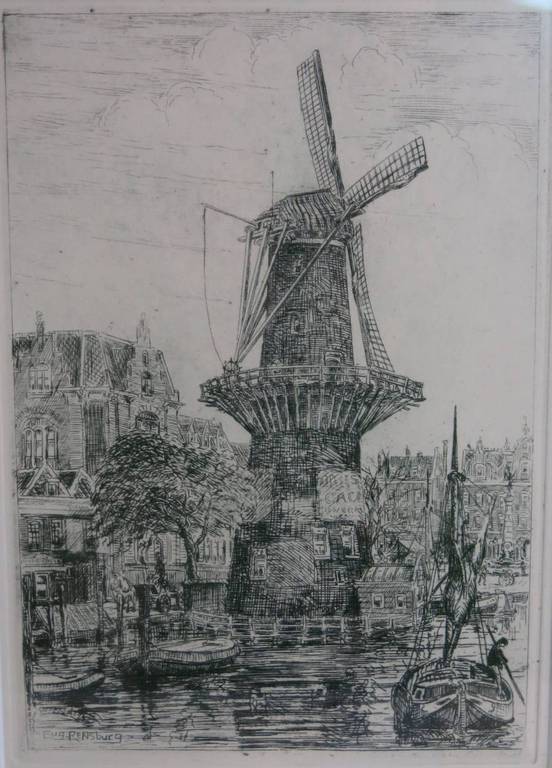 Eugene Rensburg: Ets, Hollands stadsgezicht met molen - Ingelijst verkocht voor € 35!